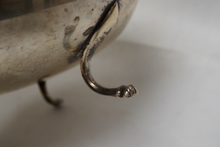 A continental circular white metal bowl with engraved fruiting vine decoration, diameter 19.8cm, 14oz.